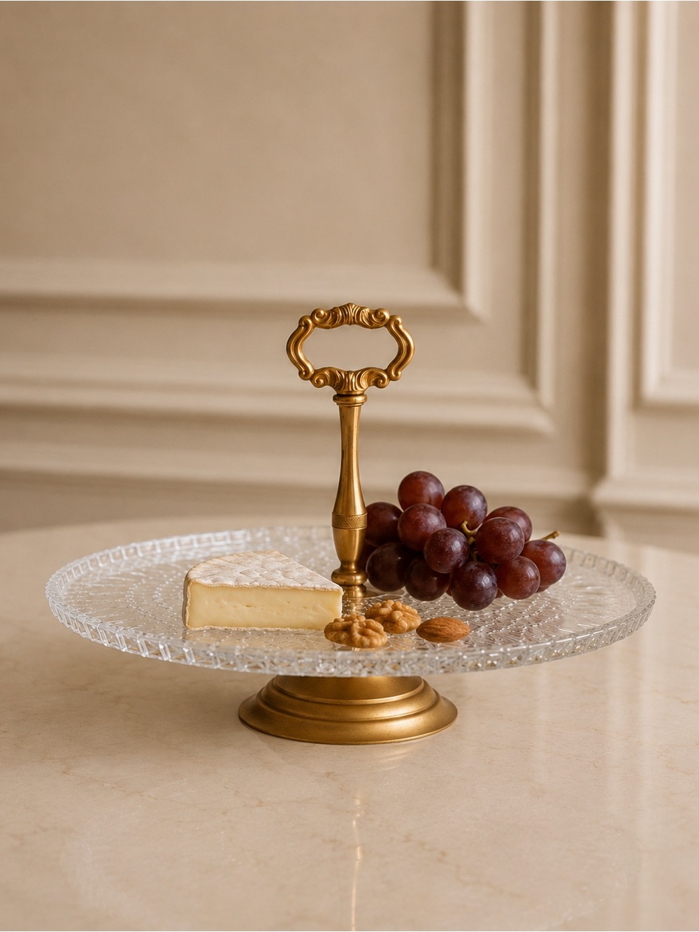 Glass Serving Platter Cake Stand Gold Handle